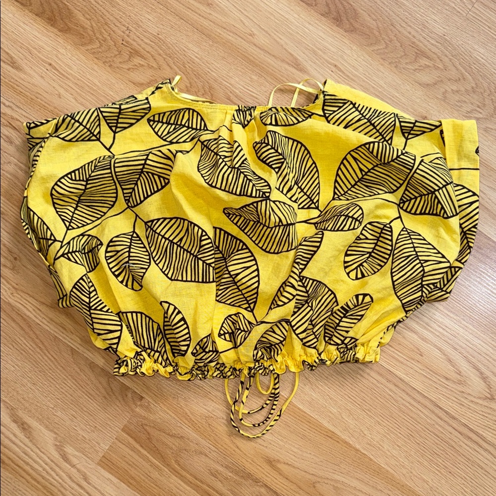 Zara Yellow Leaf-Print Drawstring Crop Top V-Neck Linen Cotton XS - Picture 6 of 7